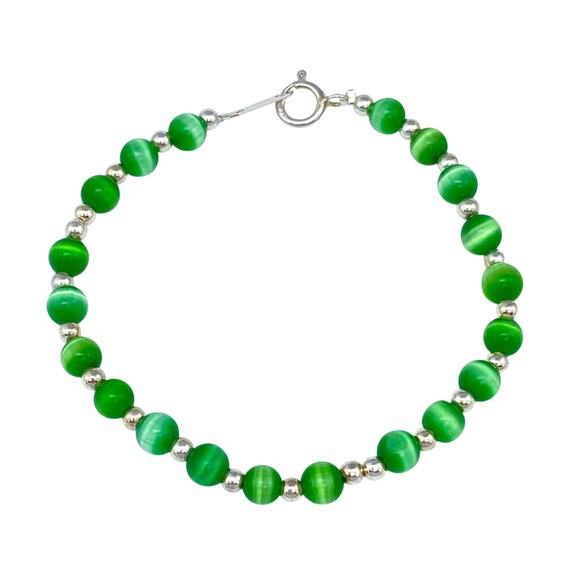 Green Cat's Eye Beaded Bracelet | Sterling Silver 925 | 7" - Picture 1 of 4